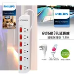 飛利浦 PHILIPS 1.8米 6開6插3孔過載防護型延長線 SPB2661 福利品出清廉售