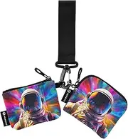[XYMZR] Mini Zip Around Wristlet keychain Wallet Astronaut Colorful Rainbow for Women Personalized Pattern Detachable Dual Pouch Wristlet Portable Wallet Phone Coin Purse, Multi-colored, One Size