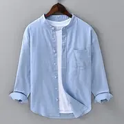 Men's Shirt Linen Shirt Band Collar Shirt Summer Shirt Beach Wear Solid Color Vacation Street White Blue Khaki Long Sleeve Mandarin Collar Summer Spring Clothi