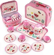 D-FantiX Kids Tea Set for Little Girls, 15Pcs Pink Tin Tea Party Set for Toddlers Afternoon Tea Time Playset with Metal Teapots Tea Cups Play Dishes Princess Toys Gifts with Carry Case