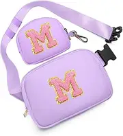 [sawgos] Birthday Gifts for 4 5 6 7 8 9 10 11 12 13 Year Old Girls, Crossbody Bags Fanny Pack with Initial Letter Patch Cute Stuff for Women Girls Teens, Purple, Medium, M
