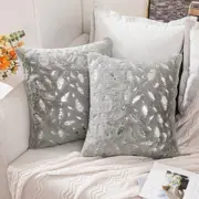 2x Square Throw Pillows Decorative Faux Fur Silver Feathers Silver Leaves Cushion Cases Soft Fluffy(Inserts + Pillow Covers, Dove)
