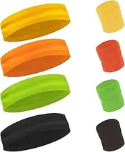 8 Pcs Colorful Sport Sweat Bands Headbands Wristbands Set, Elastic Non-Slip Sweatbands for Women Men, Workout Head Wrist Sweat Bands for Gym Fitness Athletic Yoga Costumes