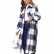 Nevenka Womens Lapel Plaid Wool Blend Coat Long Jacket-Navy Blue