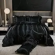 Satin King Comforter Set Silk Like Satin Bedding Set Hotel Soft Polyester Black Bed Set Luxury Silky Pillow Cover with Quilt Set Ruffle Down Comforter Home Decor 4 Pcs