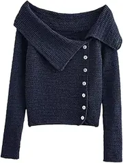 [Generic] Women Sweater Top Solid Turn-Down Collar Long Sleeves Single Off Shoulders Breasted Female Top