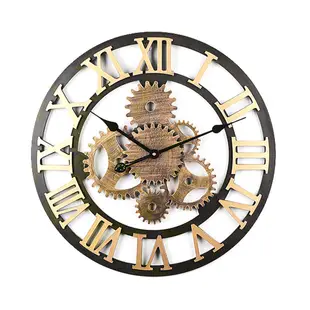 英倫家居 金色齒輪掛鐘 直徑58cm 北歐 工業風時鐘 靜音機芯 Loft 仿舊鏤空 羅馬數字 復古木質鐘 壁鐘