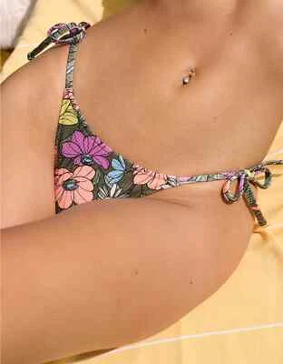 American Eagle Aerie Cheekiest Shine Rib Tie Bikini Bottom SMALL Magenta Floral