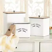 Litton Lane Decorative Canisters Square W/ Farm House Wood Lids White (Set of 3)
