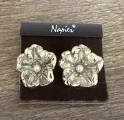 Vintage Napier Signed Gold Tone and Faux Pearl Flower Clip On Earrings - NWT