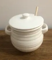 Cream Stoneware Honey Jar with Wood Dipper, NEW
