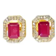 925 STERLING SILVER NATURAL BLOOD RED RUBY OCTAGON 8X6 MM. STUD EARRING
