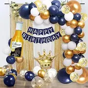 Navy Blue Gold Birthday Party Decorations for Men Women Boys Girls with HAPPY BIRTHDAY Banner, Crown balloons,Corona Foil Balloons ,Balloon Garland Kit