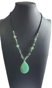Green Glass Pendant and Beads on Leather Cord 20 in - Green