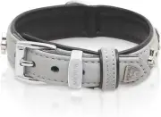 Leon Leather Dog Collar Gray Black Lilies Rhinestones Lion Head Application in