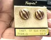 Vtg Napier Domed Gold Tone & Red Ribbed Stud Textured Earrings Original Card