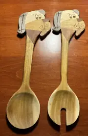 Inlaid Wood Dog Head Salad Serving Fork & Spoon Set 11.5" Unoque New