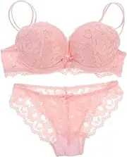 [LIFKOME] Cute Lace Bra and Panty Set Women's Underwear Soft Cotton Lace Detail Sleepwear Nightwear Honeymoon Wedding Valentine's Pink