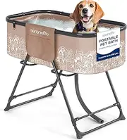 SereneLife Portable Dog Bath Tub, Built-in Drain System & 360° Access, 34" Adjustable Height, 2 Side Pockets, Foldable Design for Easy Storage, Fits Small to Medium Dogs Up to 130 lbs (Beige)