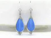 Sterling Silver Teardrop Earrings Frosted Sea Glass Silver Wire Braided Ladies