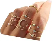 [CSIYANJRY99] Boho Star Moon Knuckle Stacking Rings for Women Teen Girls,Vintage Crystal Heart Leaf Stackable Midi Finger Rings Cute Fashion Girls Rings Set Multiple Rings Bulk