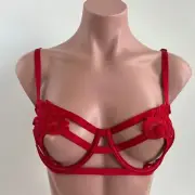 Victoria's Secret Floral Embroidered Strappy Open Cup Bralette Bra Red 34D NWT