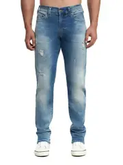 True Religion Men's Geno Slim Distressed Stretch Jeans With Rips in Revolt