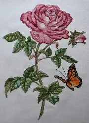 Pink Rose & Butterfly Completed Cross Stitch on 28 Ct Antique White Quaker Cloth