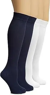 [Hugh Ugoli] Women's Bamboo Knee High Socks | Comfort Seam Long Dress Socks, Soft & Lightweight | Shoe Size 5-8/8-11, 4 Pairs, 06- Navy / White (4 Pairs), 5-8