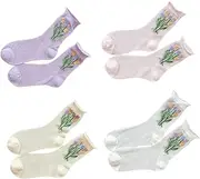 [DEARMAMY] Breathable Mesh Mid-calf Socks 4 Pairs Women's Cotton Socks Embroidered Patterns