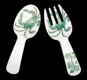 2 Tommy Bahama Green CRABS Sealife Large Melamine Serving Spoon & Fork NWT