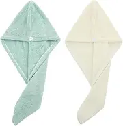 2PCS Microfiber Hair Towel - Super Absorbent Hair Turbans for Wet Hair- Anti Frizz Head Towels Wrap - Drying Towels with Button for Long Curly and Thick Hair (Green + White)