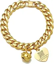 18K Gold Cat Dog Custom Collar Kitten Puppy Wide Stainless Steel Kitten Choker Curb Adjustable 10 inch Chew Proof Cuban Link 1/2inch Chain with Gold Heart tag Bell Personalized Qrcode Tag