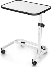 [Giantex] Overbed Table W/Lockable Universal Wheels, Portable Bedside Table W/ 9-Level Adjustable Height, Multi-Angle Tilt Top, Space-Saving C-Shape Hospital Bed Table Laptop Desk (White)