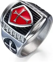 GRHOSE Men's Stainless Steel Ring Knight ring Templar Ring biker Crusader Cross masonic Red Size 7, 14, Stainless Steel,Metal, multi