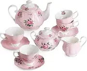 BTäT- Floral Tea Set, Tea cups (8oz), Tea Pot (38oz), Creamer and Sugar Set, Gift box, China Tea Set, Tea Sets for Women, Tea Cups and Saucer Set, Tea Set for Adults, 4 Tea Cups Set, Porcelain Tea Set