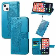 For iPhone 13 Case,Butterfly PU Leather Wallet Cover,Blue