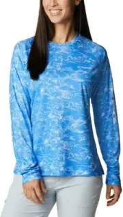 Columbia Super Tidal Tee Omni-Shade Harbor Blue Contour Fish women sz MEDIUM NWT