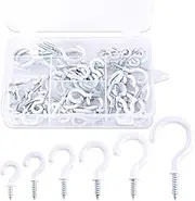 Glarks 100-Pieces 6 Sizes White Vinyl Coated Cup Hooks Screw-in Ceiling Hooks Screw Hooks Mug Hooks Hangers Assortment Kit for Home and Office Use