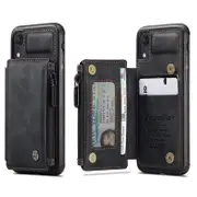 For Apple iPhone XR CaseMe Back Zipper Wallet Case W/ 3 Card Slots, RFID Blocking, 1 Money Pocket, Credit Card Holder Leather Cover (Black)