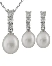 Splendid Pearls Silver 7-7.5mm Freshwater Pearl & CZ Necklace & Drop Earrings Set