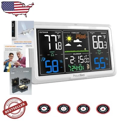 7.6" HD Wireless Weather Station - Stylish Indoor Outdoor Thermometer with Alarm