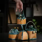 Rattan Square Travel Outdoor Bag Organizer Cup Teapot Drawstring Pocket String