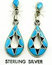 Zuni Handmade Turquoise Inlay Teardrop Earrings in Sterling Silver E.Bowekaty