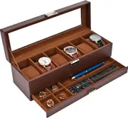 6 Slot Watch Box with Drawer and Glass Lid - Espresso