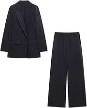 [Zadaos] Women 2 Piece Set Wrinkled Effect Lapel Cardigan Blazer+ Elastic Waist Pleated Side Pockets Wide Leg Pants