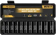 1/2" Drive Deep Impact Socket Set, 11 Pieces (10-24mm), 6-Point, CR-V Steel, Las