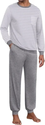 Ekouaer Mens Pyjamas Set Long Sleeve Pjs with Cuffs Check 3XL, White + Grey