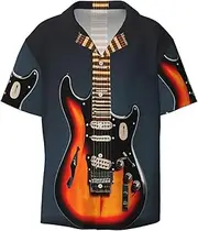 [HVTTIOR] Orange Electric Guitars Print Short Sleeve Shirt Cuban Collar Beach Casual Style Summer Vacation Relaxed Fit