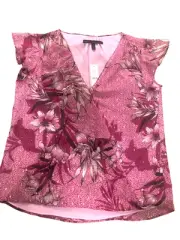 White House Black Market Blouse Womens 6 Pink Floral Sleeveless Ruffle V Neck